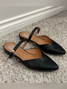 Dolce Vita Black Pointed Slingback Mules with Gold Buckle